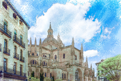 watercolor illustration, cathedral of segovia, spain
