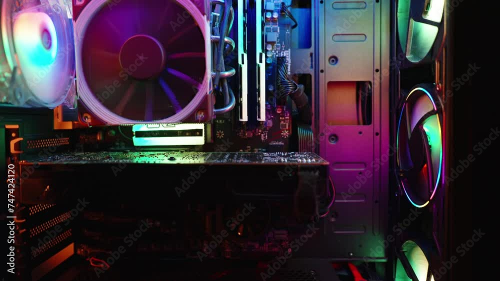 Rainbow RGB lighting inside the case of a gaming PC, components in the dark, zoom.