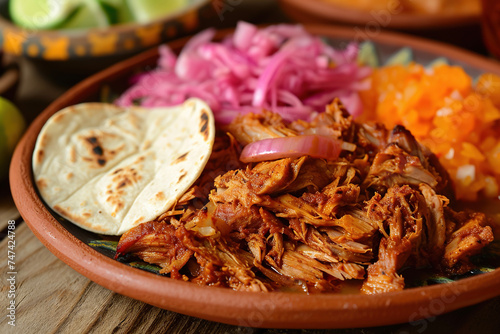 A plate of cochinita pibil, a traditional Mexican dish made with slow-roasted pork, achiote paste, and orange juice, often served with tortillas. photo