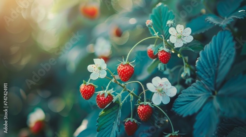 Strawberries and strawberry flower on the plant