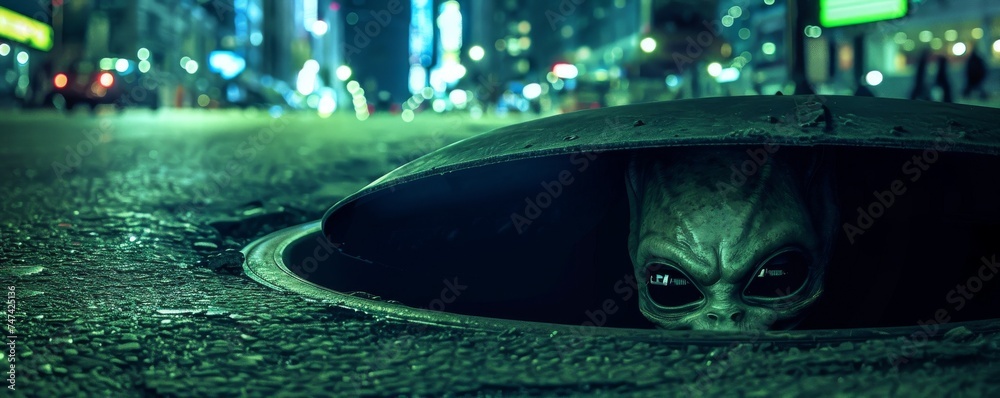 Alien observing a crowded city from a manhole clear night city lights ...