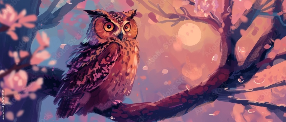 Wise owl perched on a magical tree branch - obrazy, fototapety, plakaty 