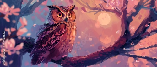 Wise owl perched on a magical tree branch
