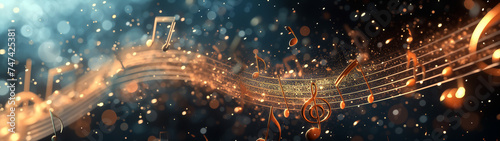 Melody flowing music wave  abstract background showing colourful music notes which are musical notation symbols, panoramic stock illustration image photo