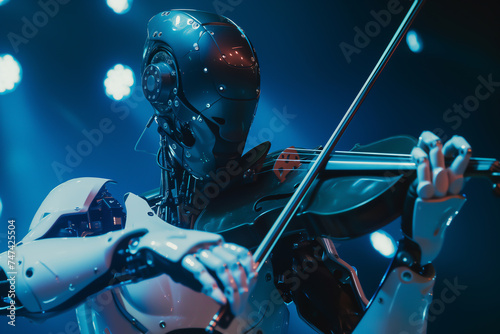 An android robot playing a violin at an orchestral classical music concert performing as part of the orchestra. Technology and artificial intelligence as automated entertainment, stock illustration  photo