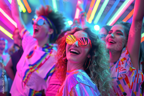 80s Retro Bash: Colorful costumes, neon lights, group of friends dancing to classic hits in nostalgic celebration.