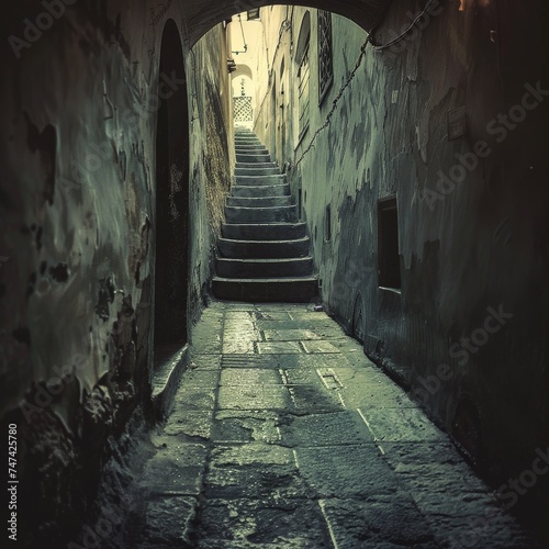 a stone walkway between buildings