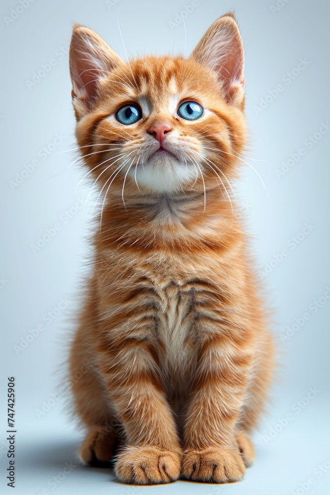An adorable orange kitten with a charming expression, sitting in a studio setting.