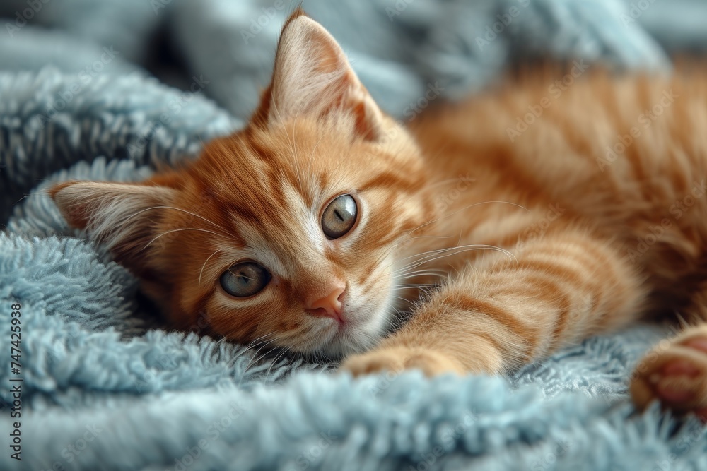 An adorable cat, lying on a fluffy blanket, with a cute and cozy demeanor.