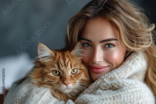 A lovely woman hugs a beautiful fluffy cat indoors, portraying a heartwarming human-feline friendship.