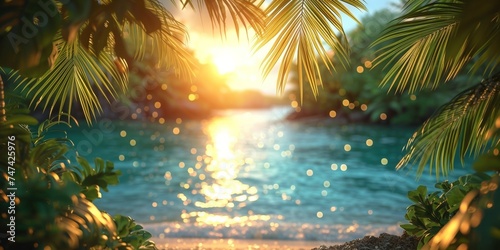 A paradise view at sunset with palm trees, clear skies, and calm waters, creating a serene and beautiful scene.