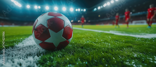 Close-up of a soccer ball placed on a bright, well-kept green soccer field. Sports banner with copy space