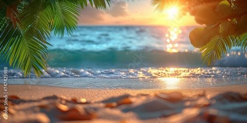 A serene beachscape with palm trees, turquoise ocean, and a tranquil sunset, perfect for relaxation.
