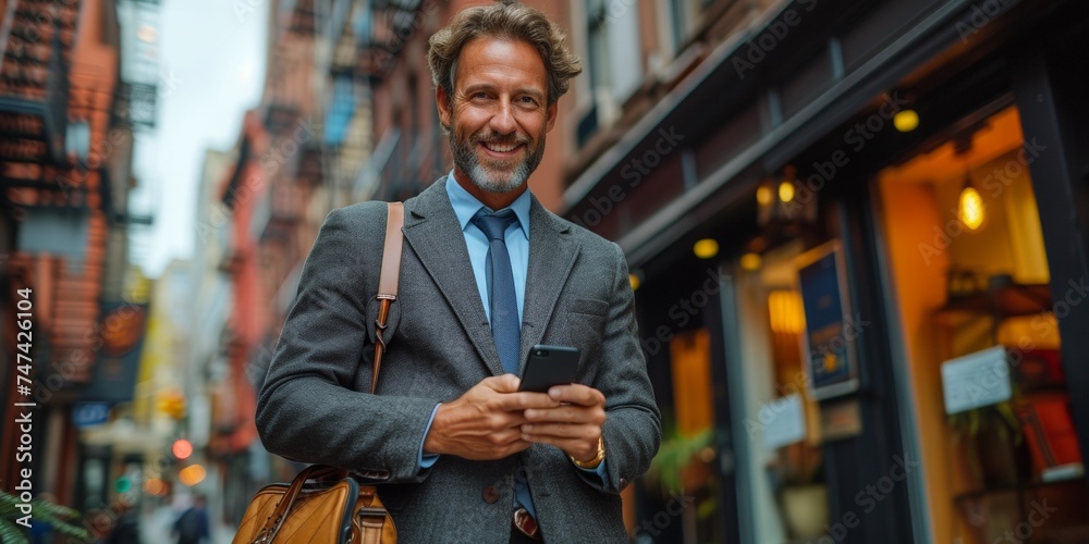 A cheerful and professional businessman, smiling while using a phone in the city during his commute. A cheerful and professional businessman, smiling while using a phone in the city during his commute.