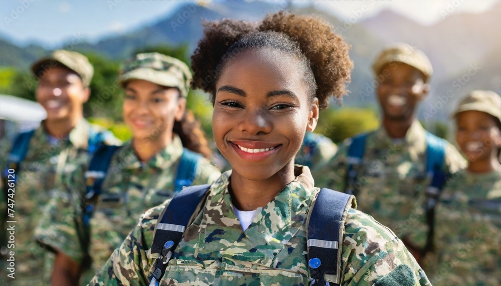Smiling Young female adult soldier in a soldier's uniform together with other soldiers in a soldier's uniform on a mission Smiling Young female adult soldier in a soldier's uniform together with other soldiers in a soldier's uniform on a mission