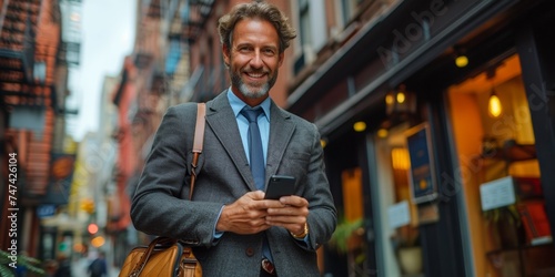 A cheerful and professional businessman, smiling while using a phone in the city during his commute.