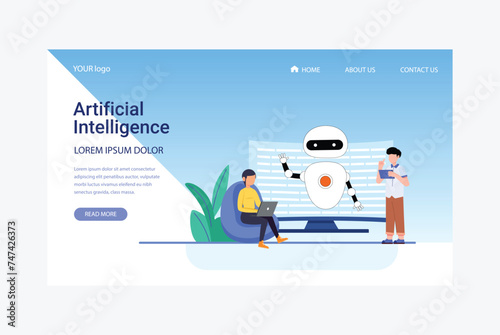 Artificial Intelligence, Chatbot, using and chatting artificial intelligence chat bot developed by tech company. Digital chat bot, robot application, conversation assistant concept flat vector