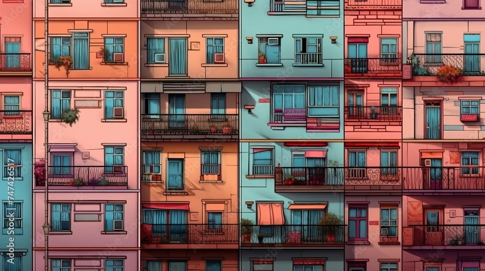 Colored residential building facade with balconies