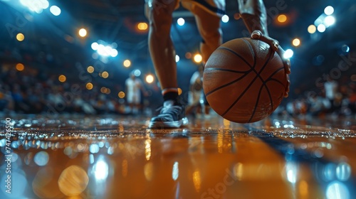 A basketball player dribbling on a shiny court floor with stadium lights creating a dramatic atmosphere.