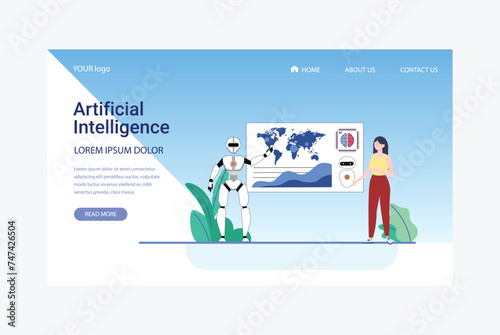 Artificial Intelligence, Chatbot, using and chatting artificial intelligence chat bot developed by tech company. Digital chat bot, robot application, conversation assistant concept flat vector
