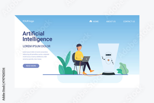 Artificial Intelligence, Chatbot, using and chatting artificial intelligence chat bot developed by tech company. Digital chat bot, robot application, conversation assistant concept flat vector