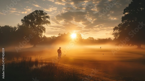 A golfer stands in solitude on a misty golf course at sunrise, the golden light creating a serene and peaceful scene.