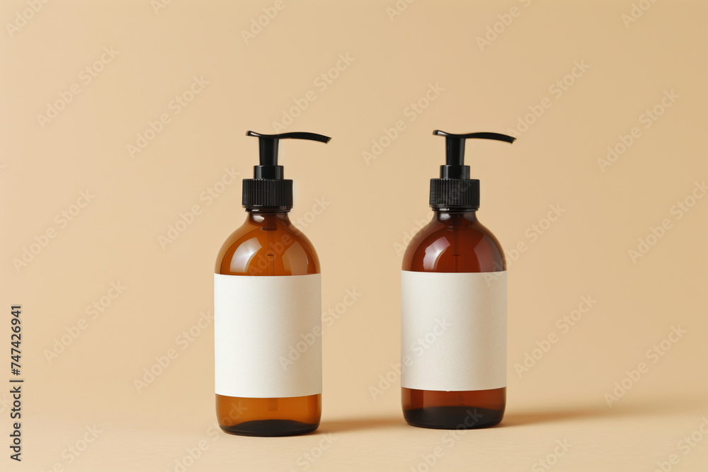 2 cans with liquid soap dispensers, copy  space, yellow background