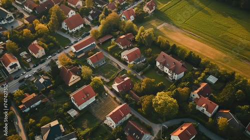 Residential houses in small town near agricultural field, bird eye view