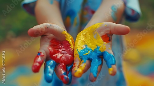 Child Showcasing Hands Painted with Primary Colors