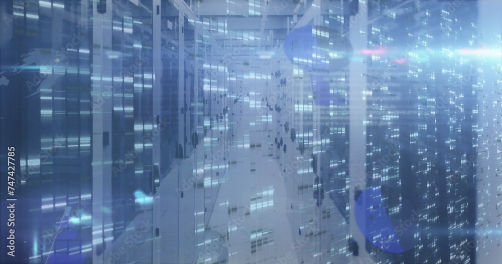Image of blue light spot and screens of mosaic squares against computer server room