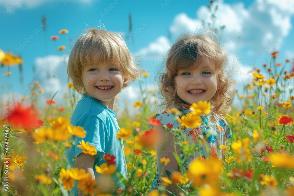 Two happy children standing in a vibrant field of wildflowers under a bright blue sky with fluffy white clouds.
Two happy children standing in a vibrant field of wildflowers under a bright blue sky with fluffy white clouds.