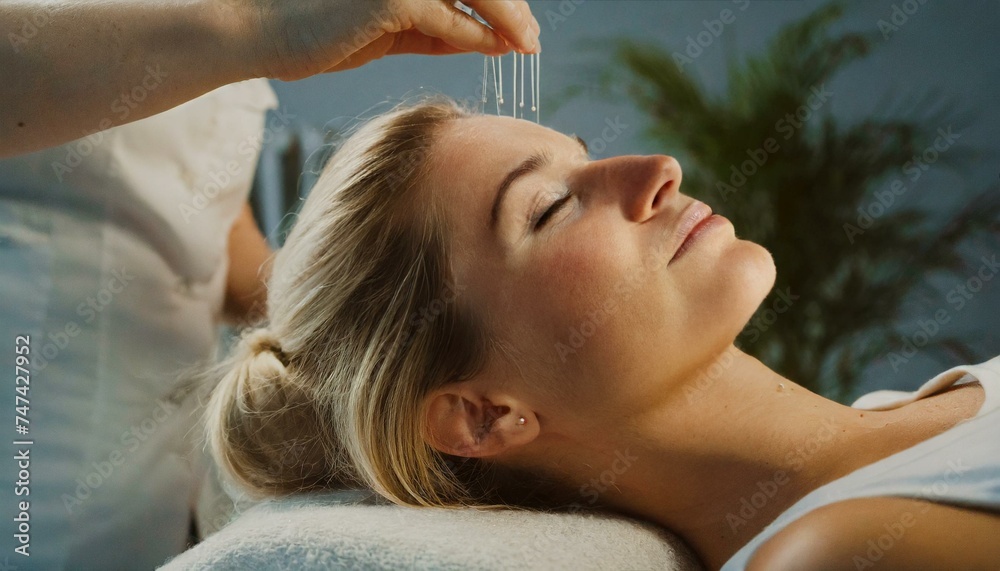 Fototapeta premium Woman during acupuncture treatment. Thin needles inserted into the skin of her head 