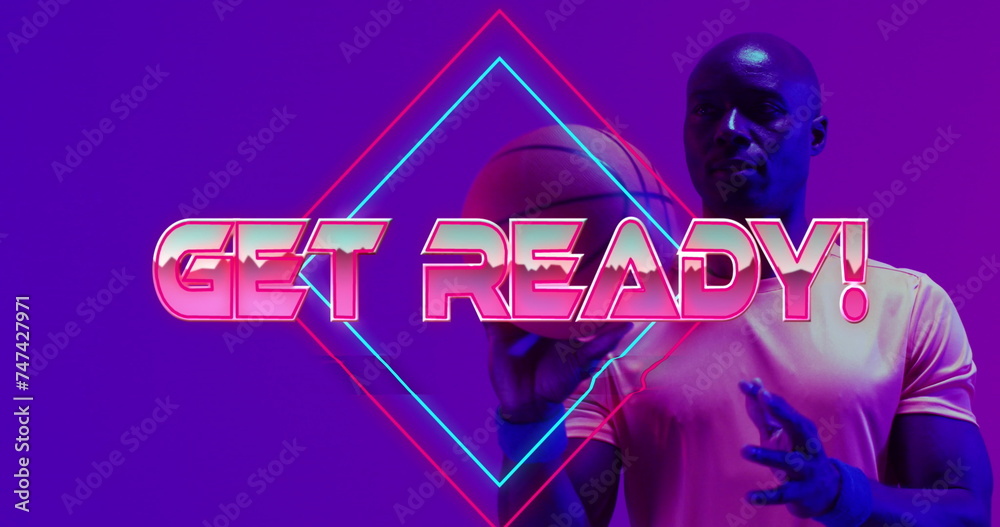 Obraz premium Image of get ready text and neon lines over basketball player on neon background