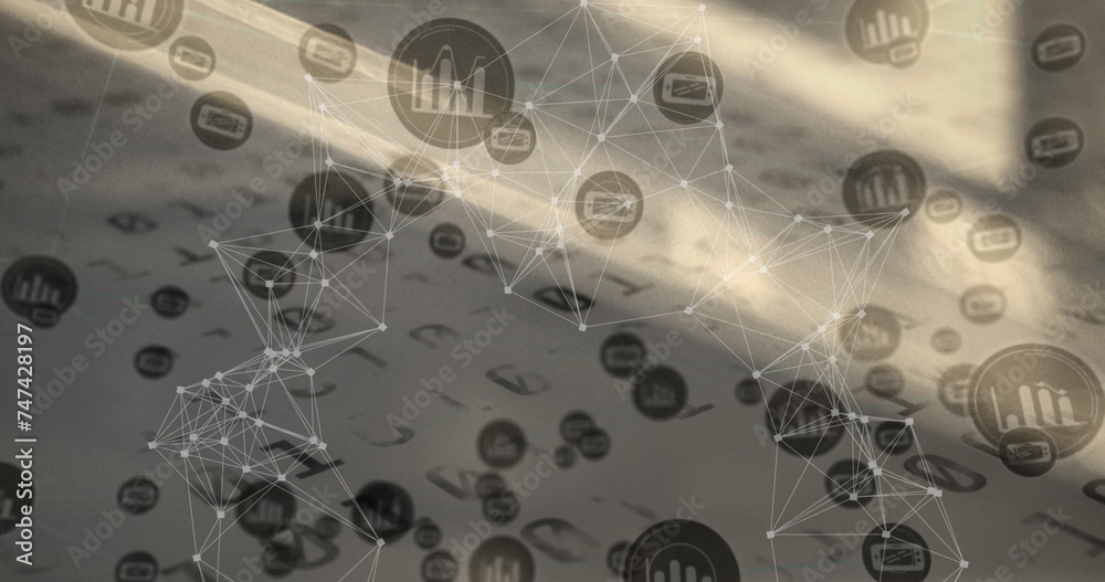 Fototapeta premium Image of network of connections with icons over blurred background