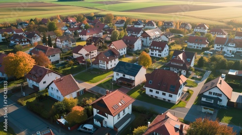 Residential houses in small town near agricultural field, bird eye view