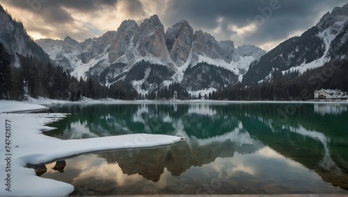 Rocky mountains covered with snow reflected in braies lake in italy under the storm clouds © Zulfi_Art