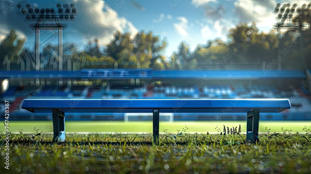 Obraz premium Dynamic view of a blue coach's bench in a bustling football stadium – capture the energy and strategy of the game