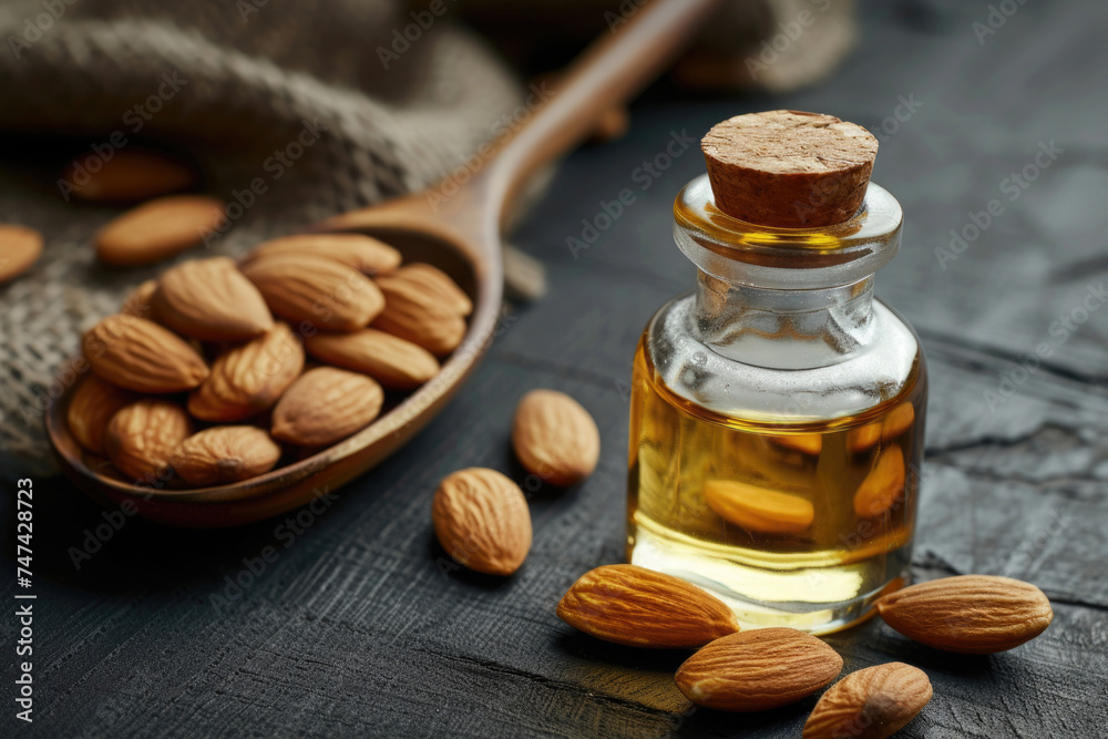 close-up, almond oil in a bottle with a cork, almond nuts in a wooden spoon on a black background close-up, almond oil in a bottle with a cork, almond nuts in a wooden spoon on a black background