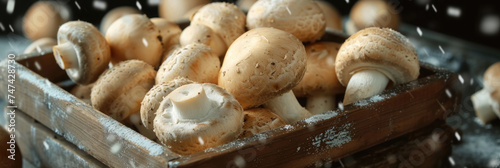close-up, view from the top, porcini mushrooms in a wooden box, on an old table, for a banner