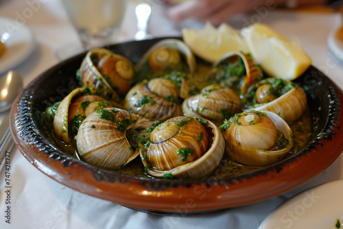 A plate of escargots de Bourgogne, a traditional French dish of snails cooked in garlic butter