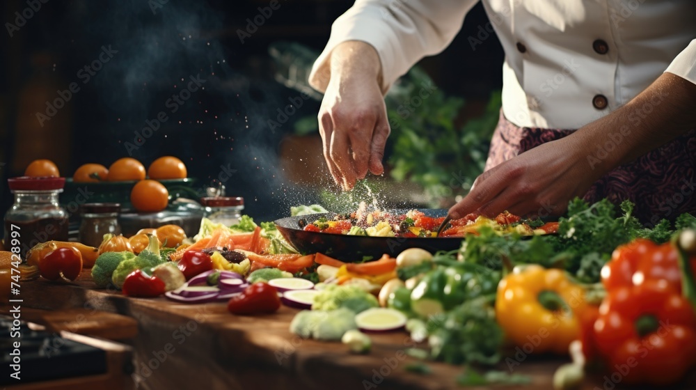 A chef adding the final touch to a delicious dish. Perfect for culinary and cooking concepts