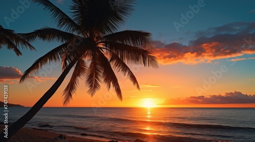 Beautiful palm tree on the beach at sunset. Perfect for travel ads © Fotograf