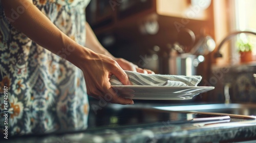Woman wiping plate with kitchen towel 