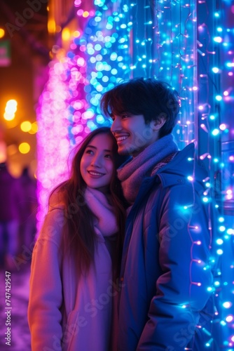 Portrait of a young couple in the evening lights of the city