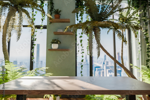 frontal view on modern pc workplace in indoor jungle environment;  white monitor with copy space; urban jungle nature concept; digital home office concept; 3D rendering