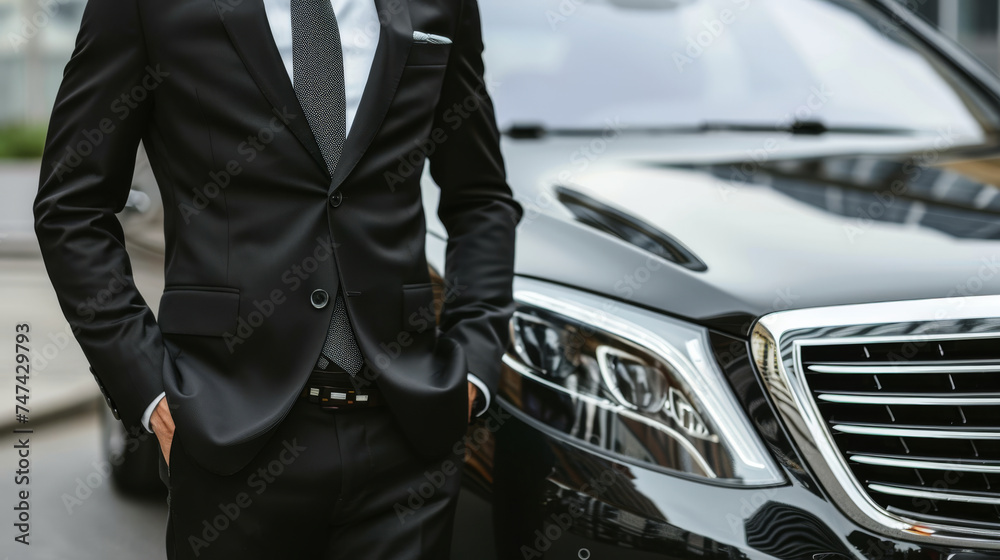 A business driver waits attentively near a luxurious car, ready to assist his boss. With a professional demeanor, he embodies reliability and service. - obrazy, fototapety, plakaty 