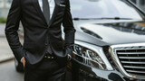 A business driver waits attentively near a luxurious car, ready to assist his boss. With a professional demeanor, he embodies reliability and service.
