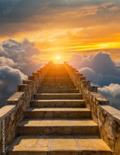  Stairway to heaven, stone staircase leading to orange yellow glow in distance, clouds around