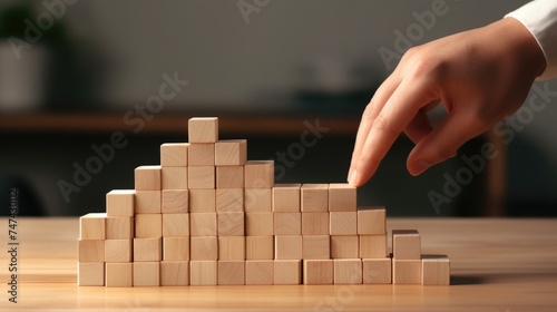A person placing a block on top of a table. Ideal for educational and construction concepts