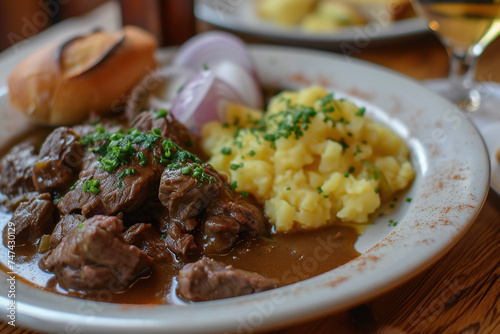 A plate of Gaisburger Marsch, a traditional Swabian stew made from beef, potatoes, which is usually served with onions and a side of bread.